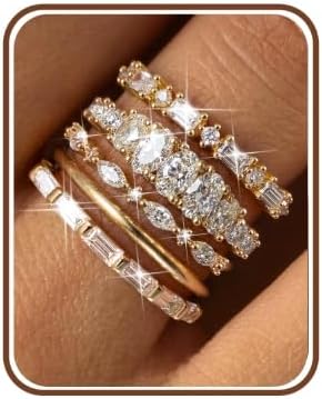 FUNRUN JEWELRY 14K Gold Plated Rings for Women Non Tarnish Stackable Rings Dainty Cubic Zirconia Band Pinky Thumb Knuckle Ring Set Trendy Statement Promise Wedding Thin Stacking Ring Size 5-10 5PCS