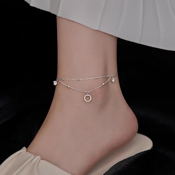 925 Sterling Silver Beaded Anklets for Women 14K Gold Plated Layered Ankle Bracelets Waterproof Cubic Zirconia Circle Charm Anklets Summer Jewelry Birthday Graduation Gifts