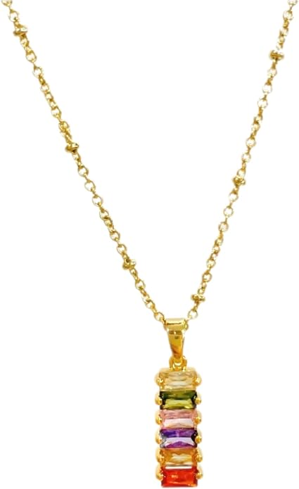 Rainbow Bar Pendant Necklace, Dainty Geometric 18K Gold Plated Colorful Zircon Necklace, Aurora-Inspired Jewelry for Women, Ideal Gift for Birthday Anniversary Holiday