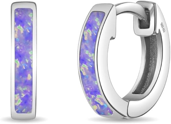 In Season Jewelry Simulated Opal Inlay Girls Hoop Earrings for Kids - 925 Sterling Silver Little Girl Hoop Earrings - Hypoallergenic & Comfortable with Secure Latch Closure