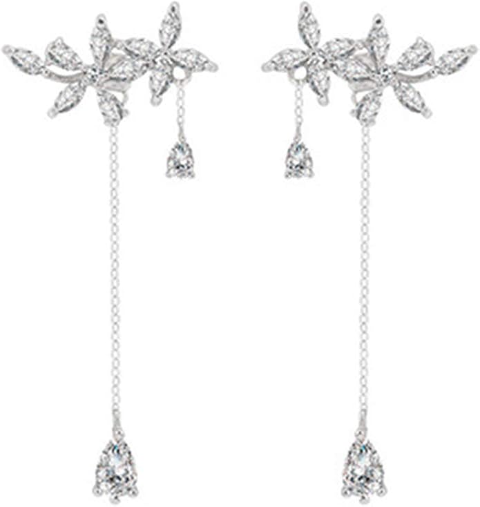 SLUYNZ 925 Sterling Silver Dainty CZ Flowers Wrap Earrings Dangle Chain for Women Elegant Dangling Earrings Bridal Earrings Wedding Engagement Drop Earrings Prom Engagement Party Jewelry