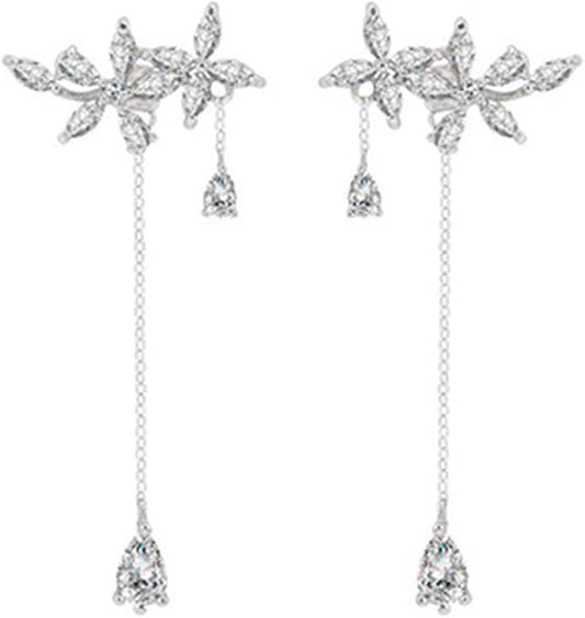 SLUYNZ 925 Sterling Silver Dainty CZ Flowers Wrap Earrings Dangle Chain for Women Elegant Dangling Earrings Bridal Earrings Wedding Engagement Drop Earrings Prom Engagement Party Jewelry