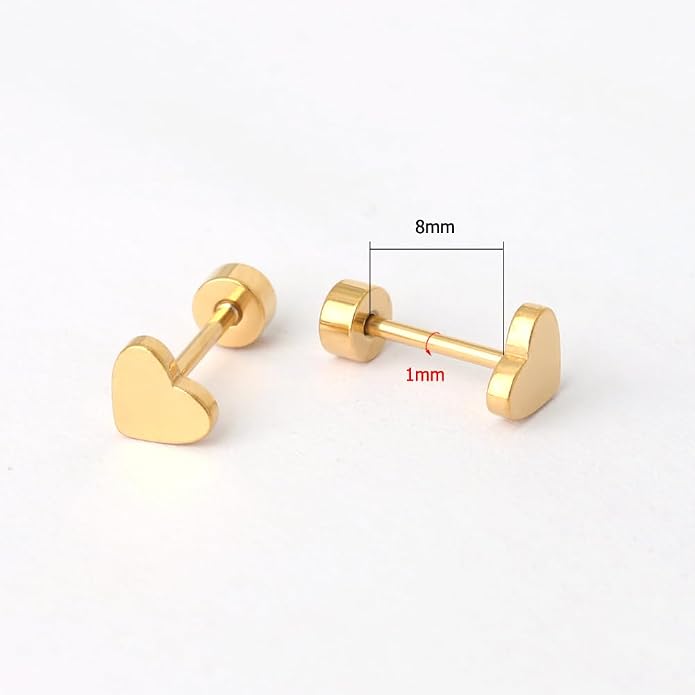 18K Gold Plated Hypoallergenic Screw Flat Back Earring | 18K Gold Plated Surgical Steel Heart Earrings with Screw Flat Backs, Hypoallergenic, 1 Pair