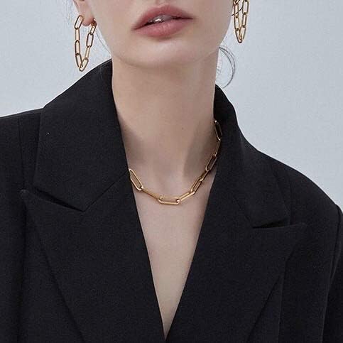 Shapes Studio 18K Gold Plated Titanium Thick Paperclip Chain Necklace, Minimalist Style, Bold Chunky Paper Clip Chain Necklace, Short Necklace, Never Tarnish