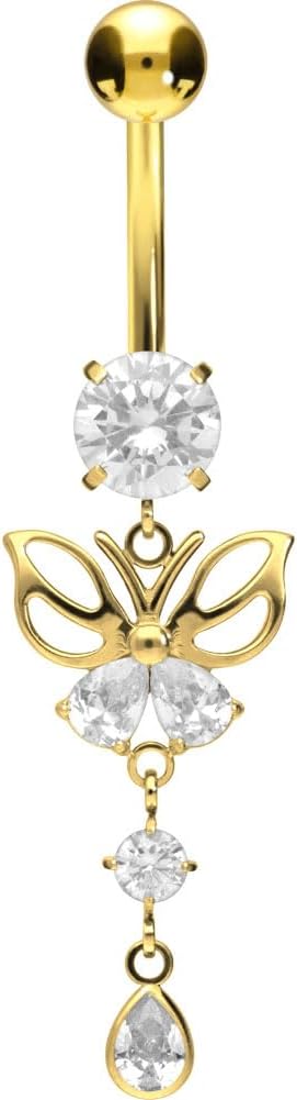 PIERCINGLINE titanium belly button piercing with internal thread, crystal butterfly - belly button ring gold, silver, rosegold piercing