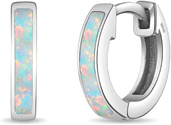 In Season Jewelry Simulated Opal Inlay Girls Hoop Earrings for Kids - 925 Sterling Silver Little Girl Hoop Earrings - Hypoallergenic & Comfortable with Secure Latch Closure