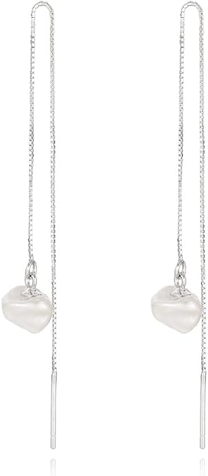 JaruJaru Vermeil Chain Freshwater Pearl Earrings for Women, Gold Threader Earrings, Gold plated on S925 Sterling Silver, Hypoallergenic Thread Through Dangle Earrings
