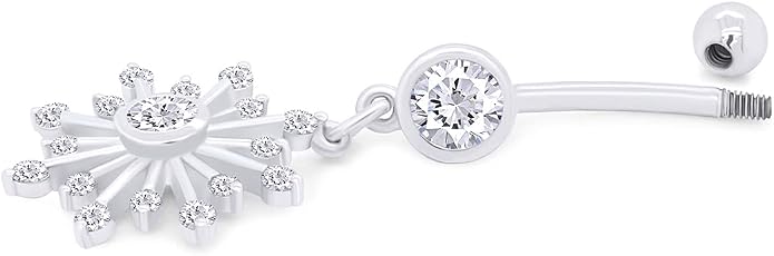 AFFY Snowflake Belly Button Ring for Women Simulated Birthstone, Round Cut Gemstone in 14K Gold Over 925 Sterling Silver, Navel Barbell Piercing Jewelry for Her