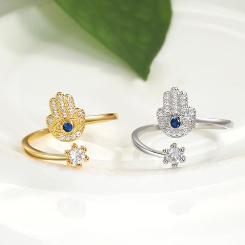 Hamsa Hand Evil Eye Ring for Women, Evil Eye Hamsa Hand of Fatima Ring Blue Cubic Zirconia Inspirational Turkish Eye Ring Hamsa Hand Jewelry Set Gifts Valentine Day Chrismtas Gifts