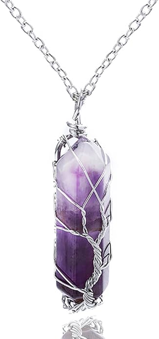 Healing Crystal Stone Necklace Silver Tree Of Life Wire Wrapped Raw Gemstone Hexagonal Prism Pointed Crystal Pendant Necklace Reiki Spiritual Quartz Gemstone Jewelry