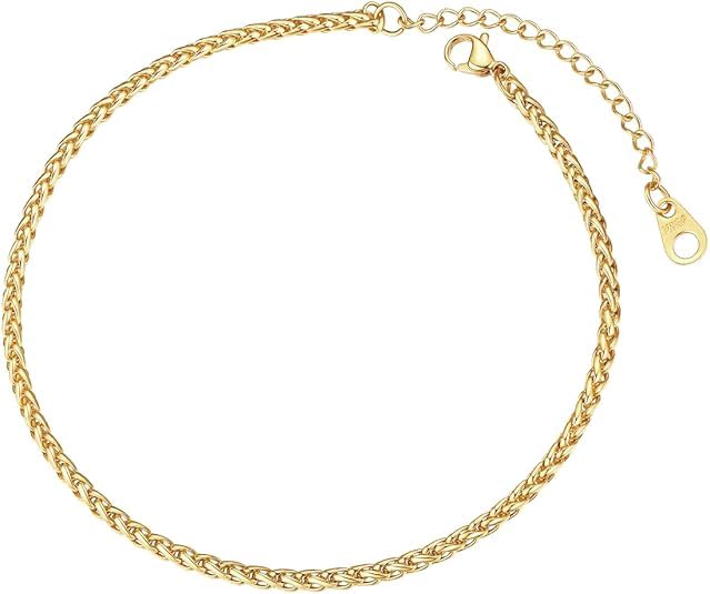 FOCALOOK 14K Gold Plated Anklets for Women Waterproof Plus Size Ankle Bracelet 8.5-10.5 Inch Adjustable Mariner/Figaro/Flat Snake/Cuban Link Chain Anklet Jewelry for Summer Beach Holiday