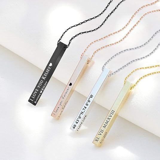 Custom Name Necklace Personalized 3D Engraved Bar 18K Gold Plated Necklace Father's Day Gifts Customized Name Jewelry Gift for Women Men