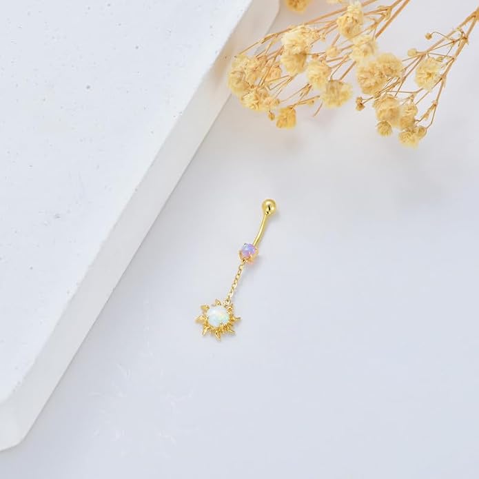 Opal CZ Dangle Belly Button Rings for Women 925 Sterling Silver 16G Heart Teardrop Sun Navel Rings Belly Piercing Jewelry Gift