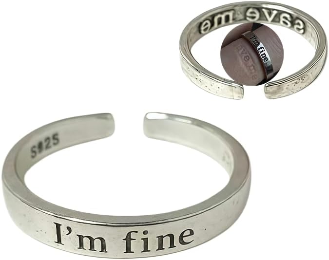 I'M Fine Save Me Silver Ring for Women, Inspirational Adjustable Open Anxiety Relief Fidget Hidden Birthday Jewelry Gift
