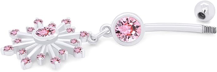 AFFY Snowflake Belly Button Ring for Women Simulated Birthstone, Round Cut Gemstone in 14K Gold Over 925 Sterling Silver, Navel Barbell Piercing Jewelry for Her