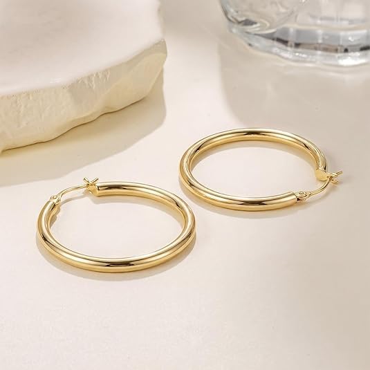 14K Gold Hoop Earrings for Women Gold Earrings Classic Shiny Polished Round Hoop Earrings for Everyday Essential