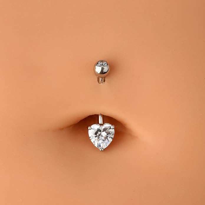 OUFER Belly Navel Rings - 14K Solid White Gold Heart Solitaire Cubic Zirconia Belly Button Rings