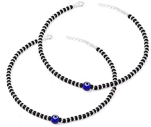 Jewar Mandi Anklet Evil Eye Nazariya Silver Plated Black Beads/crystal Adjustable Flexible Payal for Women