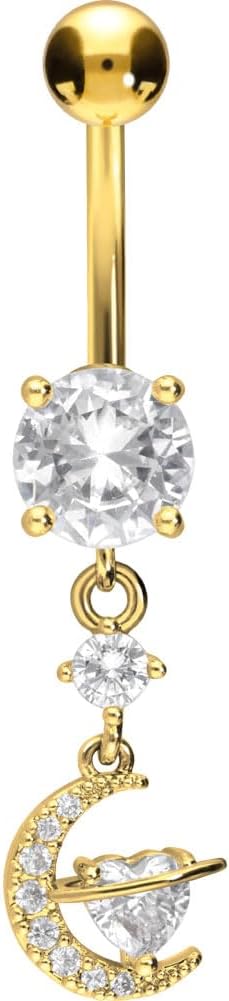 PIERCINGLINE Belly Button Piercing CRYSTAL MOON + CRYSTAL HEART surgical steel, skin-friendly