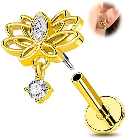 OUFER Silver Flat Back Earrings-16G Gold Forward Helix Piercing Jewelry, Internal Thread Clear CZ Pendant Helix Cartilage Tragus Conch Lobe Piercing Jewelry