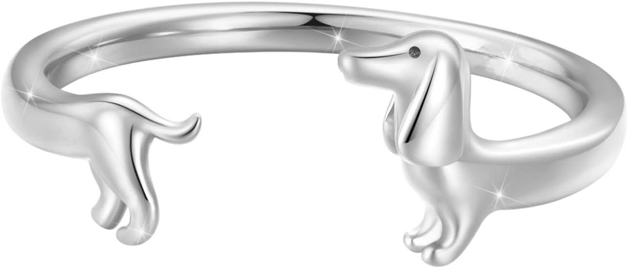 Animal Open Adjustable Ring Playful Cat Dachshund Snake Koi Fish Hummingbird Bat Heart Feather Stacking Ring for Women, Sterling Silver Plated Pet Memorial Jewelry Gift for Cat Lovers