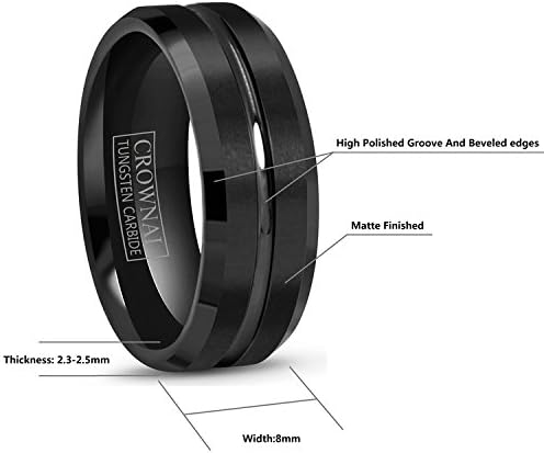 CROWNAL 4mm 6mm 8mm 10mm Black Tungsten Wedding Band Ring Men Women Beveled edges Polished Grooved Center Comfort Fit Size 4 To 17