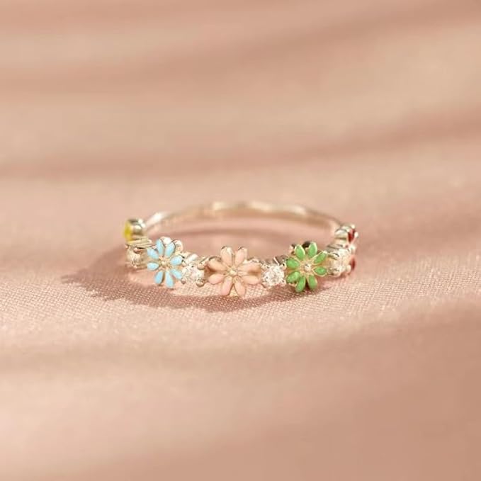 Small Multicolor Floral Daisy Ring for Women Elegant Everyday Style Comfort Fit Sunflower Enamel Ring Tiny Flower Ring Friendship Gift Cubic Zirconia Silver Stacking Bride Bridesmaid Band Ring Size 9