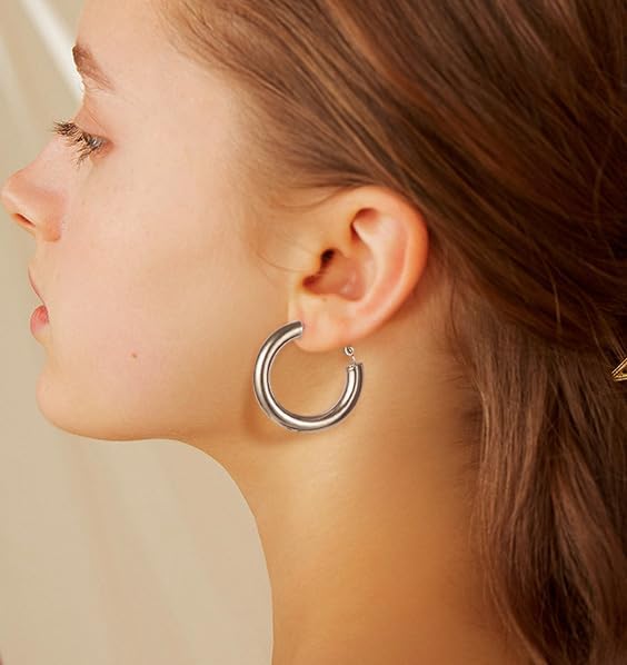 Stainless Steel Chunky Hoop Earrings For Women, Minimalist and Chic, Black/Gold Plated, Round Hoops Earrings Hypoallergenic, Size: 30mm/40mm/60mm/80mm, Come with Box