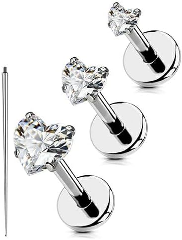 OUFER 18G 6/7/8MM Flat Back Cartilage EarRings-3PCS Gold Titanium Extended Internally Threaded Lip Piercing 2/3/4MM Round Clear CZ Helix Piercing Jewelry
