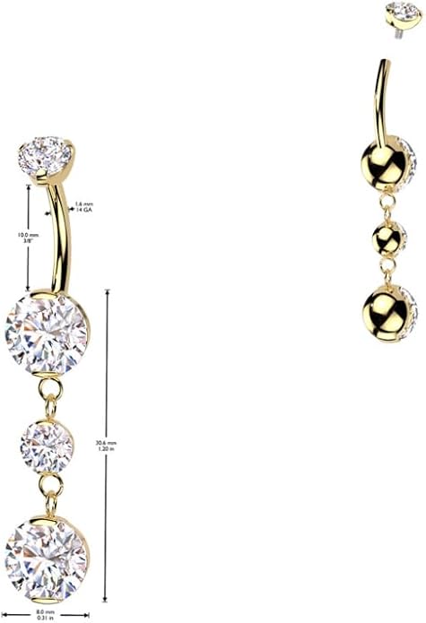 Pierced Owl 14GA ASTM F-136 Implant Grade Titanium Internally Threaded Double Prong CZ Crystal with Two Round CZ Crystals Dangling Belly Button Ring