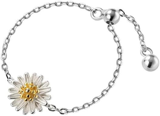 Cute Daisy Flower Chain Tassel Ring for Women 925 Sterling Silver Floral Link Tiny Bead Ball Dangle Adjustable Stacking Statement Finger Bands Promise Eternity Rings Dainty Birthday Jewelry Gifts for Mom