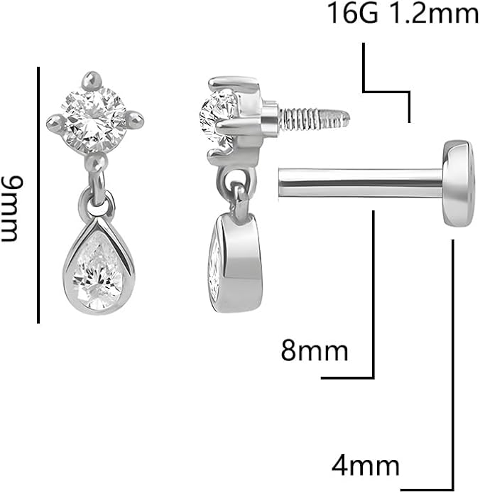 Sterling Silver 925 Flat Back Earring for Women 1PC 16G Helix Piercing Jewelry Dangle Cartilage Earring Internally Threaded Tragus Forward Conch Stud CZ Ear Ring 8mm Gifts