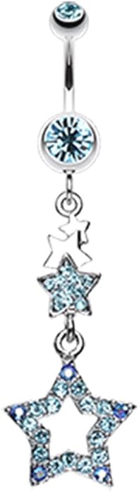 Pierced Owl 14GA Stainless Steel CZ Crystal Layered Star Sparkling Dangling Belly Button Ring