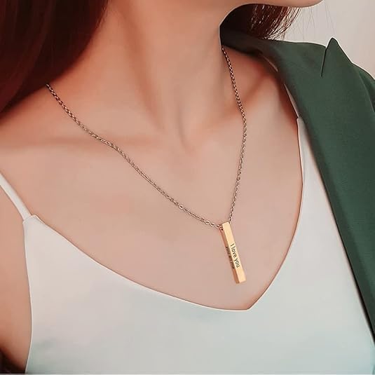 Custom Name Necklace Personalized 3D Engraved Bar 18K Gold Plated Necklace Father's Day Gifts Customized Name Jewelry Gift for Women Men