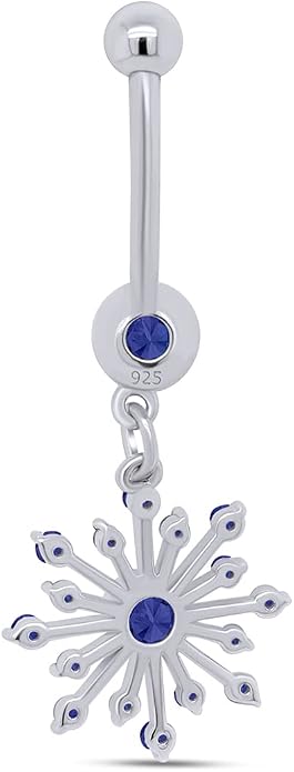 AFFY Snowflake Belly Button Ring for Women Simulated Birthstone, Round Cut Gemstone in 14K Gold Over 925 Sterling Silver, Navel Barbell Piercing Jewelry for Her