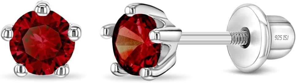 In Season Jewelry Solitaire Simulated Birthstone Kids Earrings - 925 Sterling Silver Hypoallergenic Earrings for Girls with Secure Screw Backs - Safe & Comfortable for Kids & Little Girls
