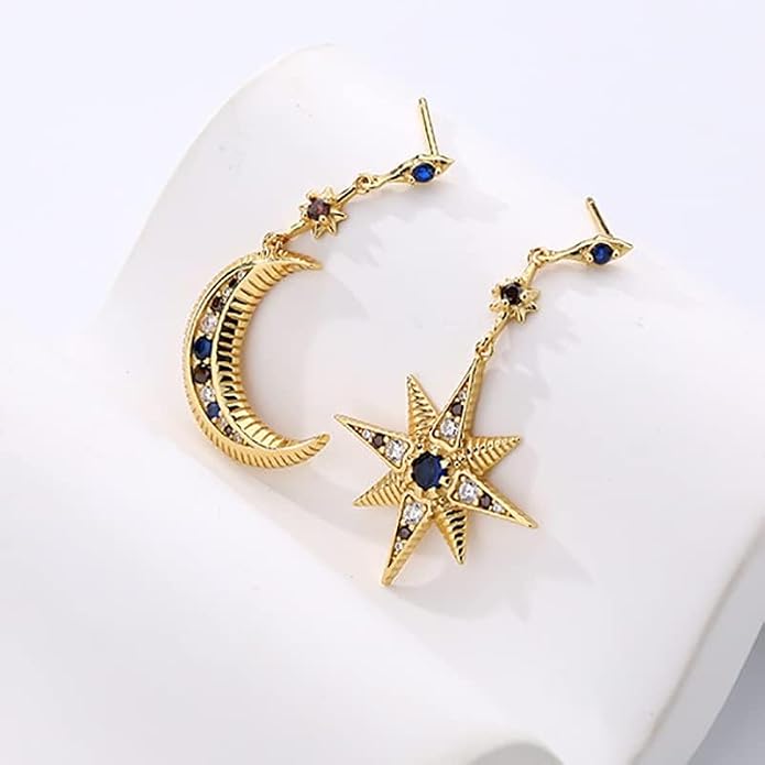 14K Gold Moissanite Moon Star Drop Earrings,Dainty Moon Star Asymmetrical Style Dangle Earrings,Fashion Jewelry Gift for Her