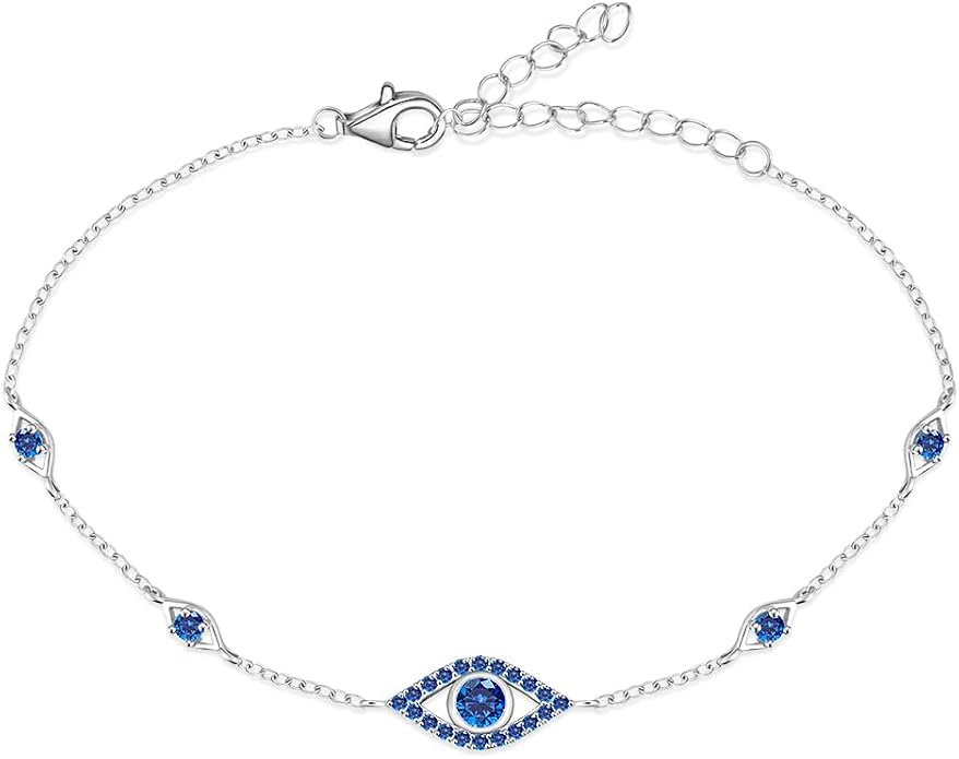 Blue Evil Eyes Link Bracelet, Evil Eye Earrings, S925 Sterling Silver Dainty Cubic Zirconia Adjustable Link Lobster Claw Clasp Chain Jewelry