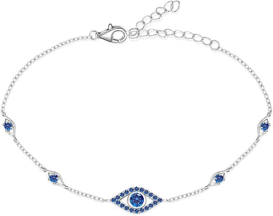 Blue Evil Eyes Link Bracelet, Evil Eye Earrings, S925 Sterling Silver Dainty Cubic Zirconia Adjustable Link Lobster Claw Clasp Chain Jewelry