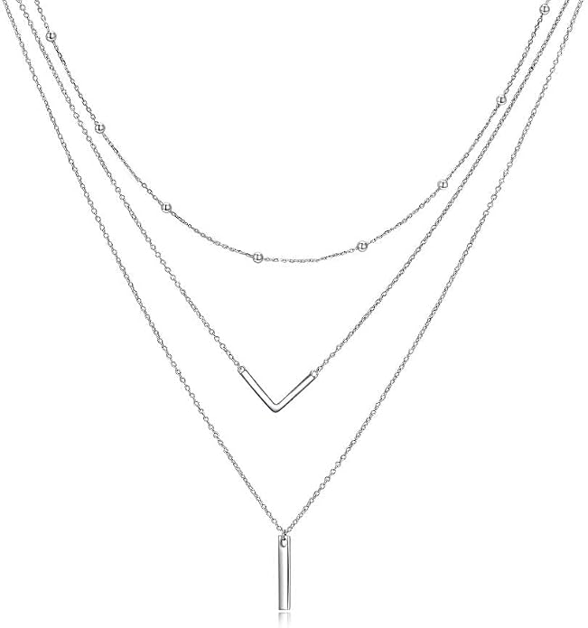 MONGAS Boho Layered Necklace Sterling Silver Triple 3 Stacked Vertical Bar Triangle Long Layering Necklaces Christmas Jewelry Gifts for Women