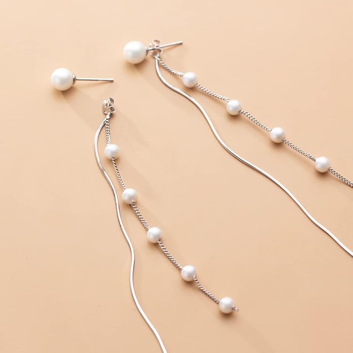SLUYNZ Solid 925 Sterling Silver Simulated Shell Pearl Dangle Earrings Chain for Women Teens Elegant Long Dangle Earrings Tassel Wedding Bridal Earrings Prom Party Engagement Jewelry