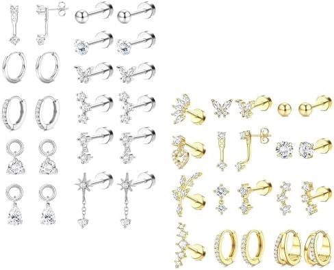 BESTEEL Hypoallergenic Flat Back Earrings for Women - 14K Gold Plated Surgical Stainless Steel Earring Stacks Set Small Stud & Hoop for Cartilage Helix Tragus Piercing Jewelry 20G