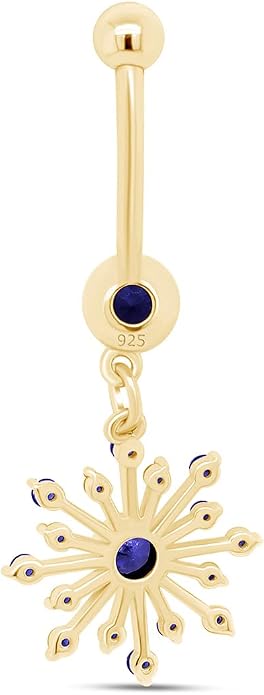 AFFY Snowflake Belly Button Ring for Women Simulated Birthstone, Round Cut Gemstone in 14K Gold Over 925 Sterling Silver, Navel Barbell Piercing Jewelry for Her