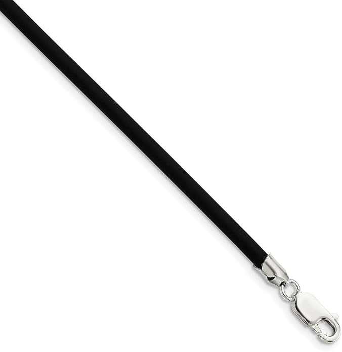 925 Sterling Silver 3mm Black Rubber Cord Chain Necklace 16" to 20"