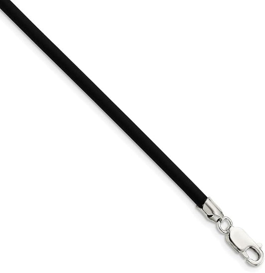 925 Sterling Silver 3mm Black Rubber Cord Chain Necklace 16" to 20"
