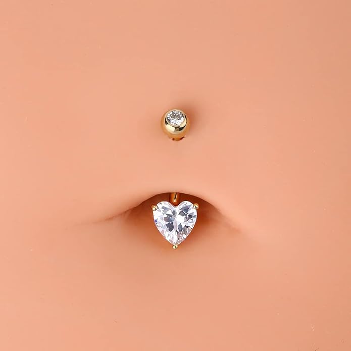 OUFER Belly Navel Rings - 14K Solid White Gold Heart Solitaire Cubic Zirconia Belly Button Rings