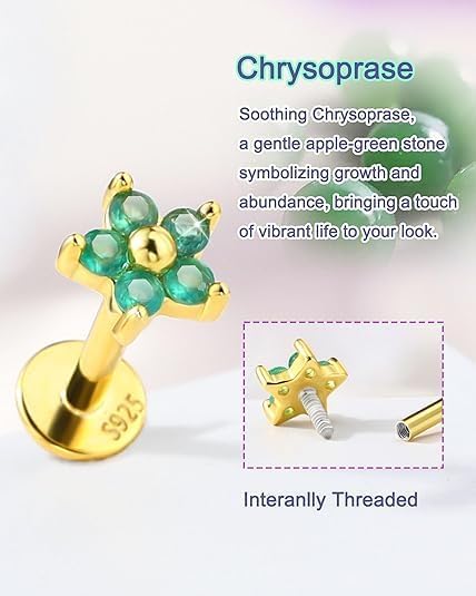 Chrysoprase Moonstone 925 Sterling Silver Hypoallergenic Flat Back Stud Earring Internally Threaded 16G 8mm Fine Piercing Jewelry for Helix Tragus Conch Cartilage Lip
