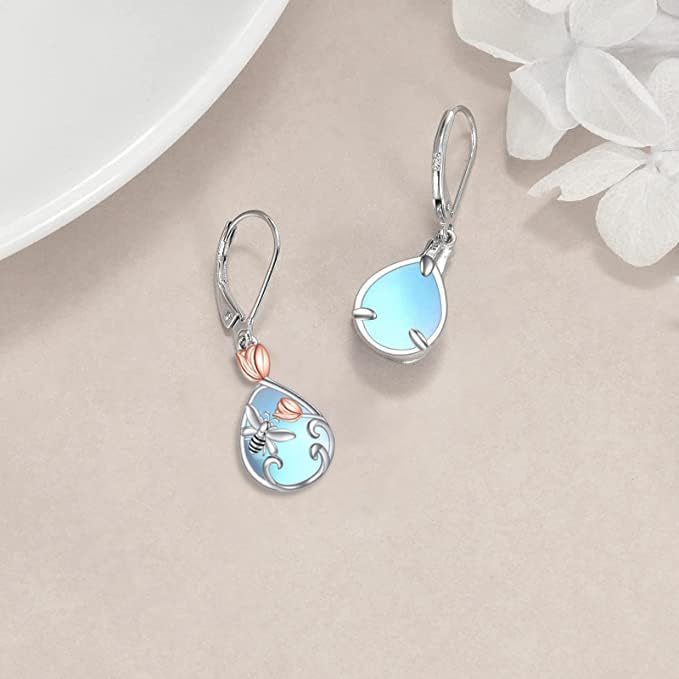 AOBOCO Teardrop Dangle Earrings for Women 925 Sterling Silver Moonstone Flower Filigree Leverback Jewelry Birthday
