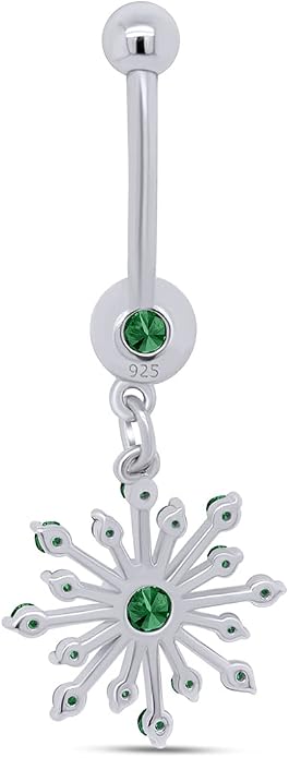 AFFY Snowflake Belly Button Ring for Women Simulated Birthstone, Round Cut Gemstone in 14K Gold Over 925 Sterling Silver, Navel Barbell Piercing Jewelry for Her