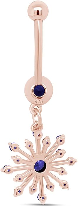 AFFY Snowflake Belly Button Ring for Women Simulated Birthstone, Round Cut Gemstone in 14K Gold Over 925 Sterling Silver, Navel Barbell Piercing Jewelry for Her